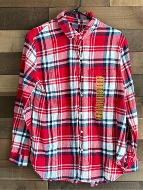 GAP Red Plaid Button-Down Shirt with Navy and White